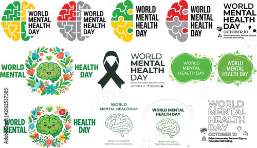 Collection of creative logos and icons for world mental health day featuring brain illustrations and awareness ribbons