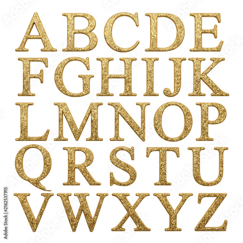 Golden Glitter Serif Alphabet Letters Complete English Font Set Isolated on White Background