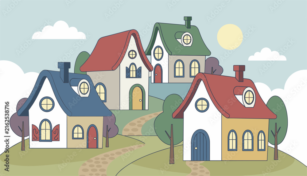Naklejka premium Colorful cartoon houses on rolling green hills with a stone path under a sunny blue sky creating a cozy village scene.