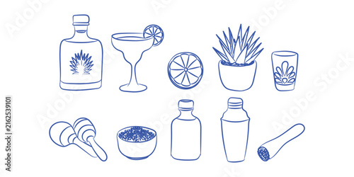 Mexican tequila cocktail, fiesta party accessories, and barware doodle element collection set Vector Illustration