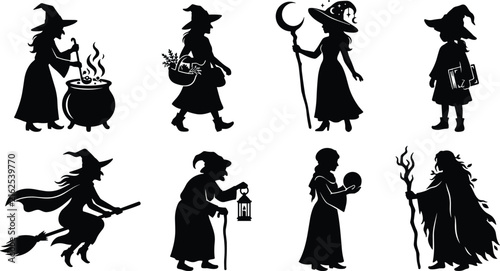 Фотография Set of black witch silhouettes featuring cauldron stirring broomstick flying spe