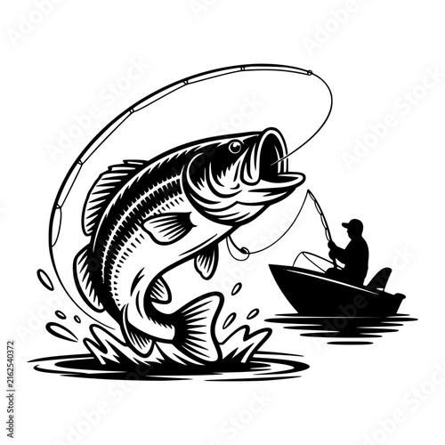 A large bass fish leaping dramatically out of splashing water with its mouth wide open and a fishing hook visible