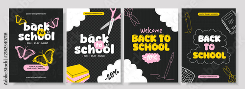 Collection of four modern back to school poster templates with bold playful typography, hand drawn school supplies, butterfly, book, cloud and doodle elements. Perfect for school and education theme.