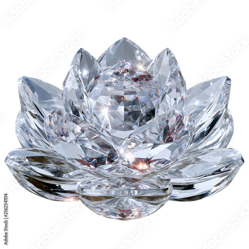 Elegant faceted crystal lotus flower ornament isolated on a pure white background for home decoration and luxury interior design