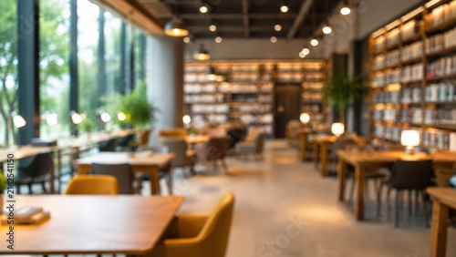 blurred interior of a modern library cafe with bookshelves, wooden tables, and warm ambient lighting