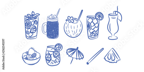 Summer cocktails, refreshing tropical drinks, and beach bar garnishes doodle element collection set Vector Illustration