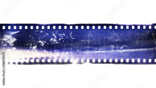 Grunge film strip, scratched, oxidized and stained isolated on white background, design element, transparency