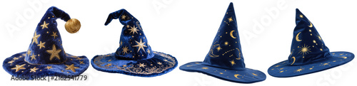 Fotografie Magical blue velvet wizard hats, golden stars and moons, isolated for fantasy design projects