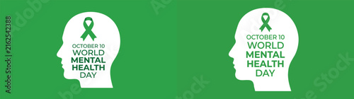 Green background graphic design for world mental health day featuring a human head silhouette and awareness ribbon