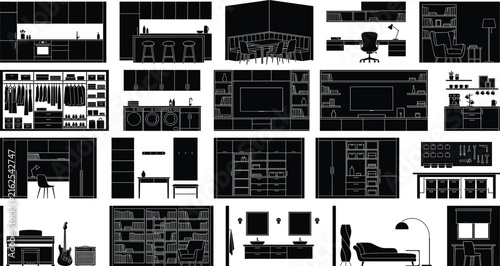 Photography Modern Home Interior Silhouette Collection with Furniture Layouts and Residentia