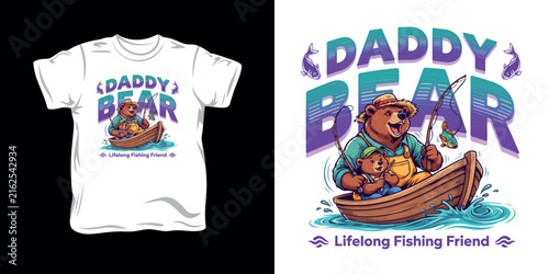 Canvastavla Daddy bear and cub fishing together in boat graphic design vector illustration d