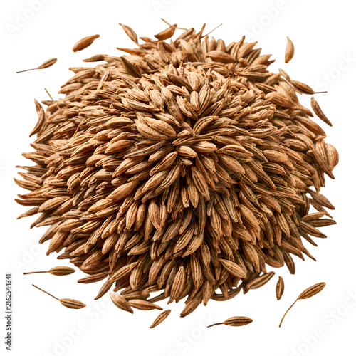 Cumin seeds pile on white background, organic caraway spice illustration, aromatic dried cumin grains for culinary seasoning and food packaging