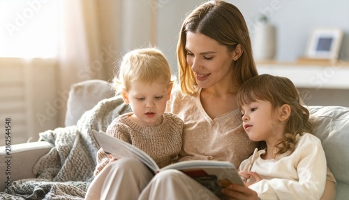 Loving Mother Reading Story Book to Her Young Children in Cozy Living Room Morning Light for Early Education and Childhood Learning Concept