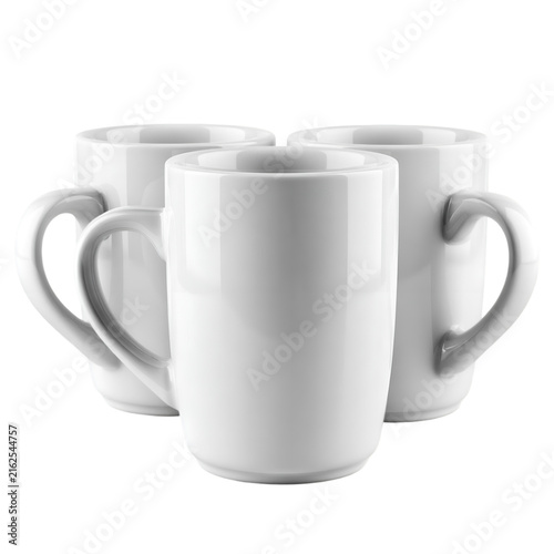 White ceramic coffee mug set, three blank porcelain cups for branding mockups, minimalist kitchenware illustration on white background