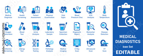 Medical Diagnostics icon set. Includes symbols for CT Scan, Blood Test, ECG Analysis, and Genetic Testing. Solid vector icons for healthcare software and medical UI.