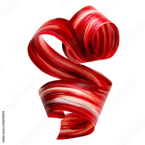 Dynamic red and white twisted ribbon shaped as an abstract paint stroke isolated on a pure white background