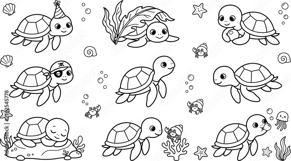 Fototapeta premium Cute Sea Turtle Characters Coloring Page Vector Set with Happy Baby Turtles Marine Animals Shells and Seaweed Outline Illustration for Kids Activity Books