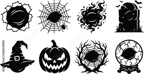 Spooky Eye Halloween Silhouette Vector Set With Spider Web, Tombstone, Witch Hat And Crystal Ball