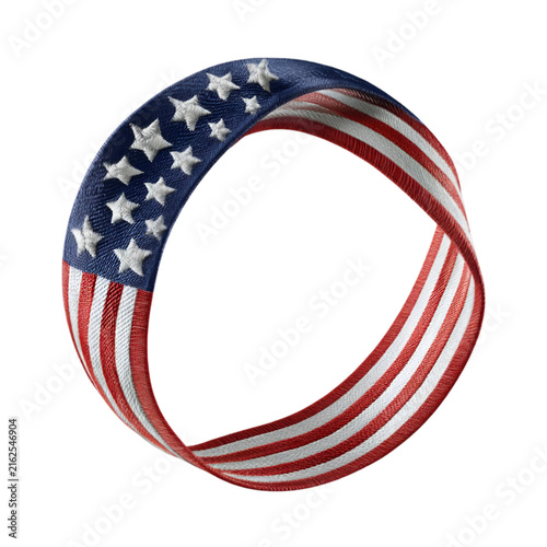 Patriotic American flag ribbon circle, red white and blue stars and stripes border, decorative glitter texture frame for Fourth of July