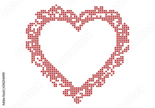 Cross stitch heart pattern, red embroidery frame, decorative border in the shape of a heart, valentines day design element