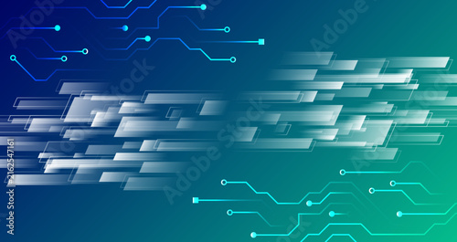 Futuristic technology background with glowing circuit lines, dynamic translucent rectangles, and digital motion elements in blue and turquoise tones, creating a modern high-tech atmosphere.