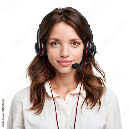 Professional customer service representative with headset, friendly call center agent portrait, female support operator on white background