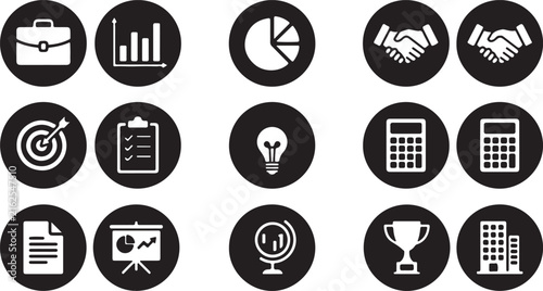 Business and Finance Icons Set on Black Circles briefcase graph