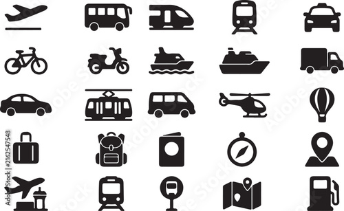 Collection of black and white transportation and travel icons on a white background Keywords: transportation, travel, vehicle, transport, icon