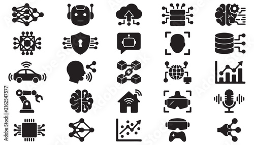 Collection of 25 black and white icons representing artificial intelligence and technology concepts Keywords: AI, artificial intelligence, robot