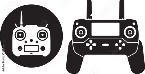 Drone Remote Control Icons and Silhouette on Black Circles Keywords: drone remote control, RC controller, joystick, transmitter, aerial