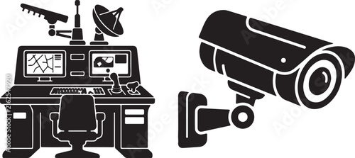 Security control room console and surveillance camera icons Keywords: security, control room, console, computer, monitors, keyboard, joystick