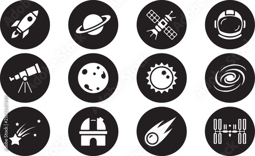 Set of black circular icons with white space and astronomy related imagery Keywords: space, astronomy, science, galaxy, planet, satellite