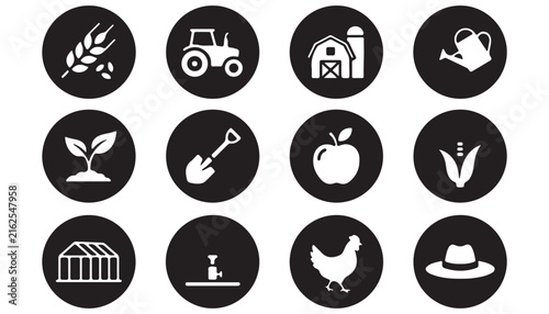 Set of twelve circular icons representing agriculture and farming symbols Keywords: agriculture, farming, wheat, tractor, barn, watering can