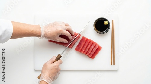 Chef slicing fresh raw tuna sashimi on a white cutting board for Japanese cuisine preparation