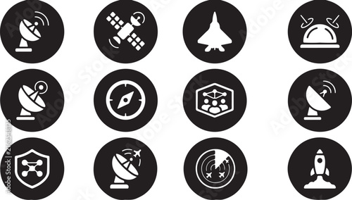 Technology and Space Exploration Icons Set With Satellite Rocket Radar and Jet Keywords: satellite, rocket, radar, jet, airplane, fighter jet