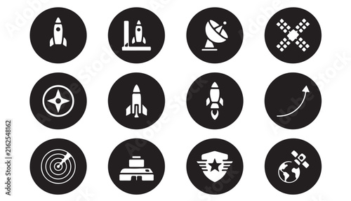 Twelve black circular icons depicting rockets, satellites, radar, and military symbols compass tank