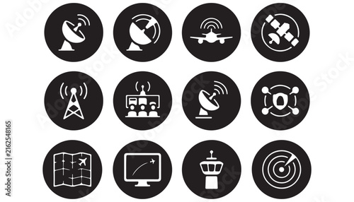 Twelve White Icons on Black Circles Representing Aviation and Communication Technologies Keywords: aviation, communication, technology, radar