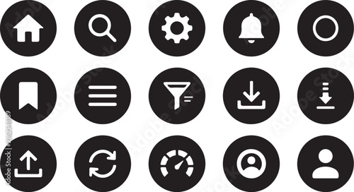 User Interface and Navigation Icons Set on Black Circles Keywords: home, search, settings, gear, bell, notification, alert, circle, bookmark, tag