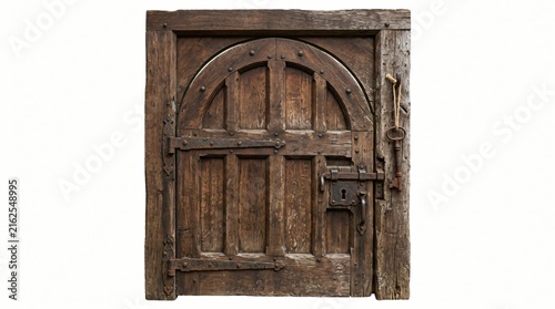 Vintage wooden gate with iron lock isolated on white background