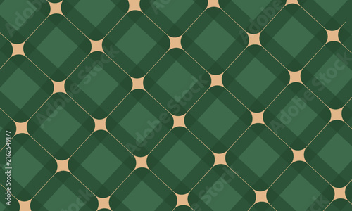 Christmas rhombus seamless pattern. Xmas plaid texture with gold line and stars. Green argyle geometric diamond abstract pattern. Christmas wrapping. Vector illustration isolated on green background.