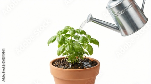Watering a fresh green basil plant in a terracotta pot with a metal watering can.