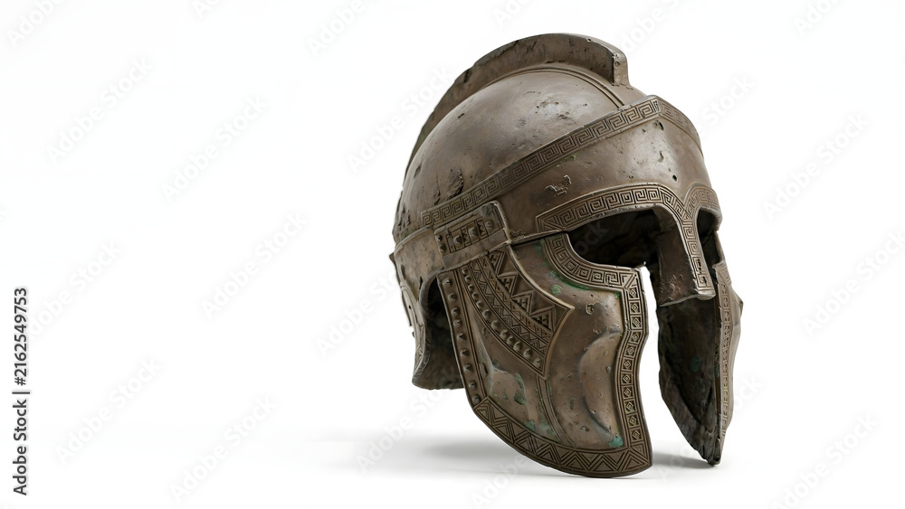 Fototapeta premium Old Military Helmet Isolated on White Background, Vintage Protective Headgear with Leather and Black Details for Army, War, Fashion, and Historical Concepts