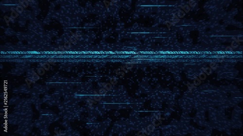 Corrupted digital screen texture with data moshing artifacts and displaced pixel rows. Blue abstract TV distortion background with signal noise, chromatic aberration and horizontal glitch stripes