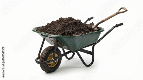 Wheelbarrow filled with dark soil and shovel isolated on white background for gardening
