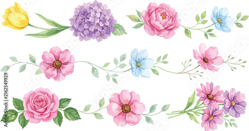 Beautiful Watercolor Flower Borders and Garlands Vector Set Featuring Pink Rose Purple Hydrangea and Yellow Tulip for Romantic Invitation Designs