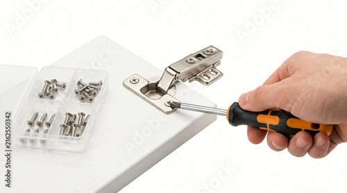 Hand using screwdriver to install metal cabinet hinge on white furniture board