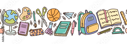 Horizontal colorful border of school supplies Seamless pattern with globe, palette, scissors, paintbrush, ball, paper airplane, backpack, book, pencil case, flask, pen, pencil, ruler and protractor