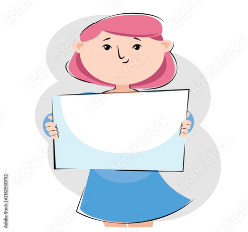 Vector Illustration of Cute Woman with Pink Hair Holding Blank Horizontal Poster Signboard for Text Copyspace