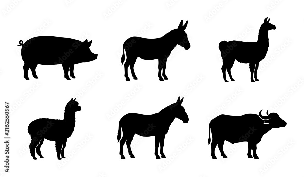 Naklejka premium Farm Animal Silhouettes: Pig, Donkey, Llama, Alpaca, Buffalo Vector Icons