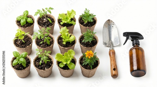 Young vegetable seedlings in biodegradable pots with garden trowel and spray bottle